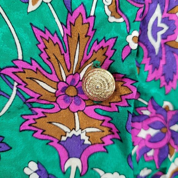 NWT VTG Richard Warren Green 100% Silk Floral Gold Button Long Sleeve Blouse 4 - Picture 8 of 16